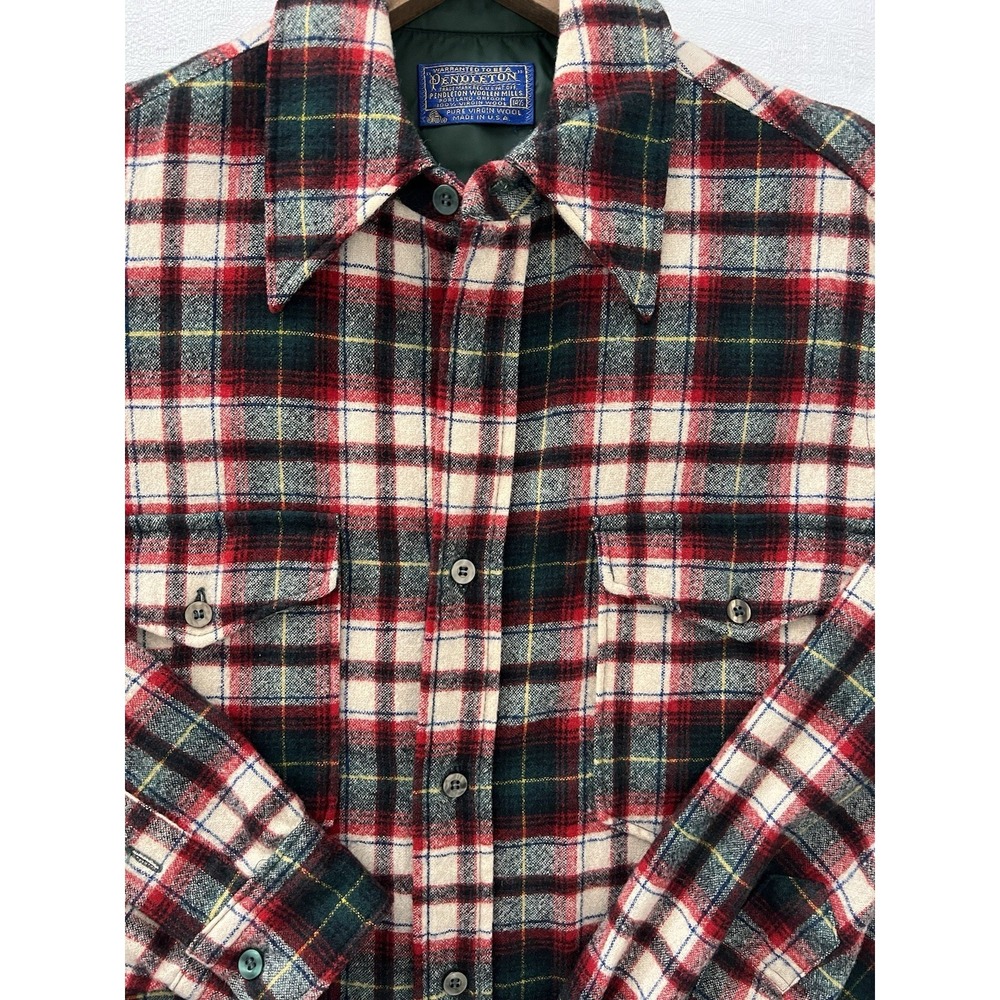 Vintage 70s Pendleton Shirt Mens 14 1/2‎ Red & Green Plaid Virgin Wool Flannel M